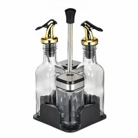 Set de 4 recipiente pentru condimente cu 2 sticle ulei/otet si 2 recipiente sare/piper cu suport, 100 ml, Trasparent cu auriu.