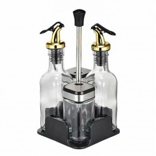 Set de 4 recipiente pentru condimente cu 2 sticle ulei/otet si 2 recipiente sare/piper cu suport, 100 ml, Trasparent cu auriu.