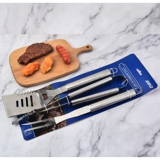 Set 3 ustensile de grătar, inox, clește + paletă + furculiță, 48 cm, mânere ergonomice, argintiu