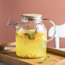 Ceainic din sticlă termorezistentă 1800 ml cu capac din bambus culoarea nucului, filtru tip sită, transparent,capac aspect lemn natural