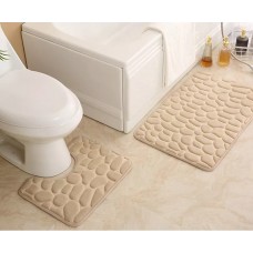 Set 2  covorașe 3-D antiderapante pentru baie și toaletă, 50x80 si 50x40– model cu textură de pietre marine, bej