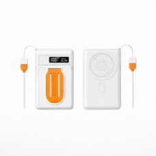 Power Bank Magnetic Wireless 10000 mAh – Încărcare Rapidă 22,5W, Afișaj LED, Suport Integrat, Alb cu Portocaliu