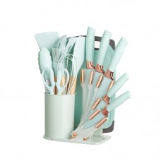 Set cutite otel inoxidabil si ustensile de bucatarie in suport 20 piese, Verde deschis.
