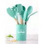 Set 12 ustensile de bucatarie din silicon termorezistent si maner din lemn natural, Verde inchis