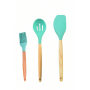 Set 12 ustensile de bucatarie din silicon termorezistent si maner din lemn natural, Verde inchis