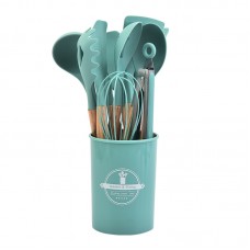 Set 12 ustensile de bucatarie din silicon termorezistent si maner din lemn natural, Verde inchis