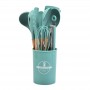 Set 12 ustensile de bucatarie din silicon termorezistent si maner din lemn natural, Verde inchis