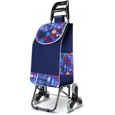 Cărucior de cumpărături pliabil cu 6 roți pentru urcarea scărilor – husă impermeabilă, 102x40x20 cm, Albastru cu model.