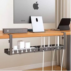 Suport organizator extensibil sub birou, reglabil 43–74 cm, pentru cabluri, routere și accesorii, montaj fără găurire, negru