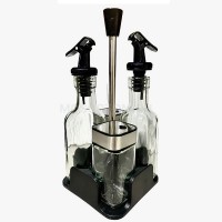 Set de 4 recipiente pentru condimente cu 2 sticle ulei/otet si 2 recipiente sare/piper cu suport, 100 ml, Trasparent cu negru.