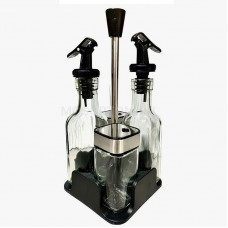 Set de 4 recipiente pentru condimente cu 2 sticle ulei/otet si 2 recipiente sare/piper cu suport, 100 ml, Trasparent cu negru.