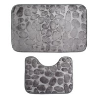 Set 2  covorașe 3-D antiderapante pentru baie și toaletă, 60x40 si 40x40– model cu textură de pietre marine, gri inchis