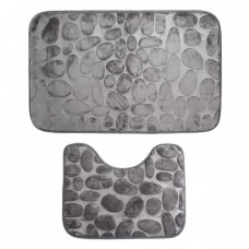 Set 2  covorașe 3-D antiderapante pentru baie și toaletă, 60x40 si 40x40– model cu textură de pietre marine, gri inchis
