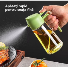 Sticlă 2 în 1 pentru ulei, 470 ml– turnare și pulverizare, design modern și eficient pentru bucătărie