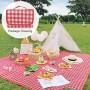 Covor de picnic și plajă impermeabil, pliabil, cu mâner, 200×200 cm – roșu cu carouri albe