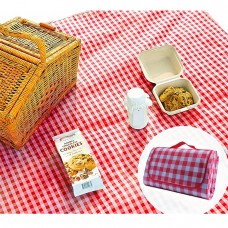 Covor de picnic și plajă impermeabil, pliabil, cu mâner, 200×200 cm – roșu cu carouri albe
