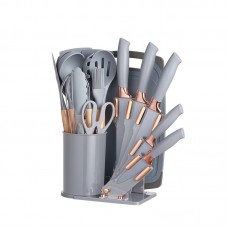 Set cutite otel inoxidabil si ustensile de bucatarie in suport 20 piese, Gri