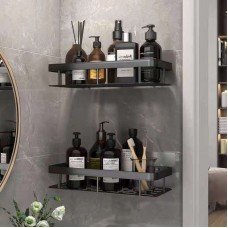 Etajeră de baie autoadezivă din aluminiu, montaj fără găurire, dreptunghi lung, negru mat– 30x13x4,8 cm
