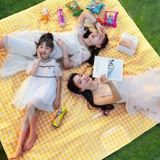 Covor de picnic și plajă impermeabil, pliabil, cu mâner, 200×150 cm – galben cu carouri albe
